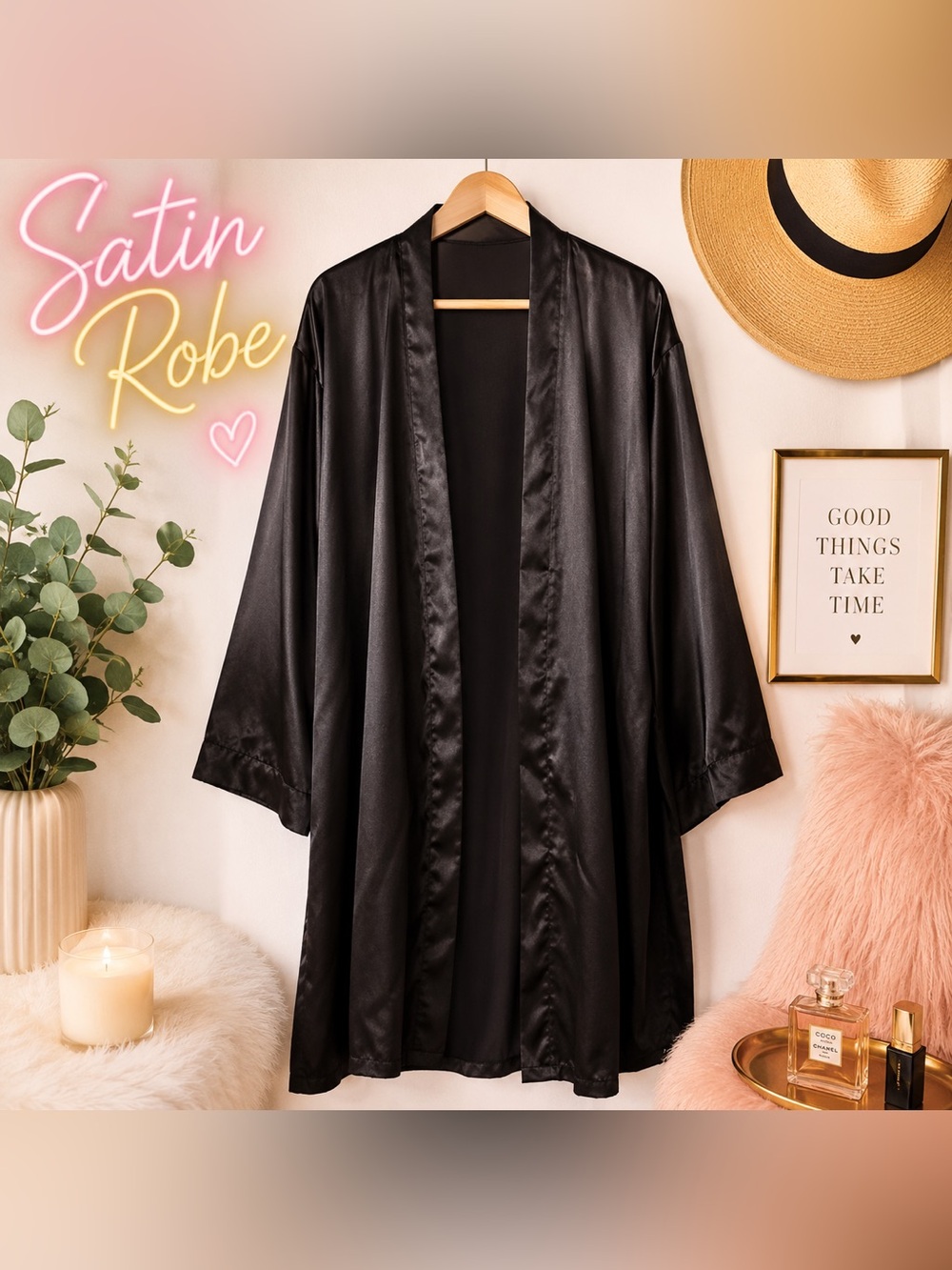 Black Satin Robe - Women's Lightweight Kimono